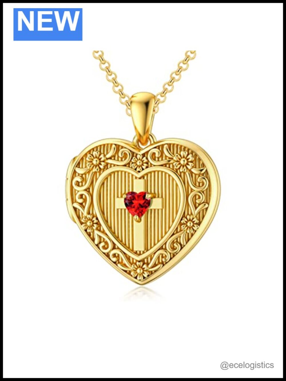 18K Gold Plated Silver Cross Locket Necklace July Birthstone Photo Heart Pendant